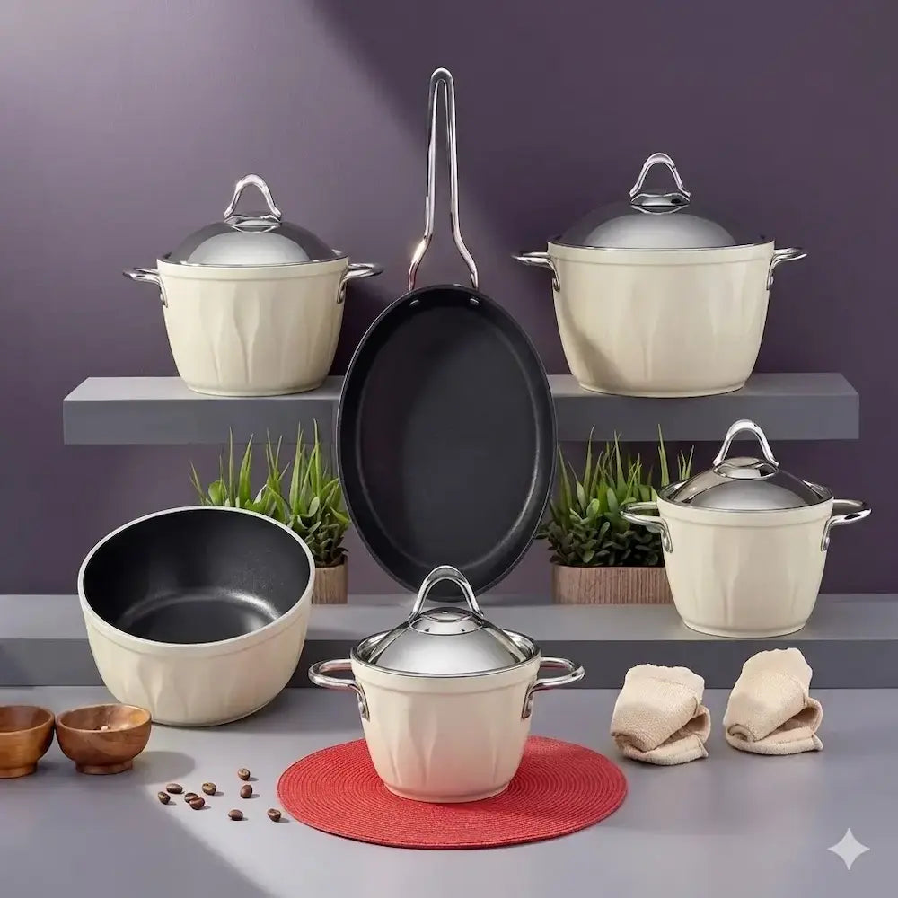Martif Turkish Titanium Cookware Set 12 Pieces, Cream
