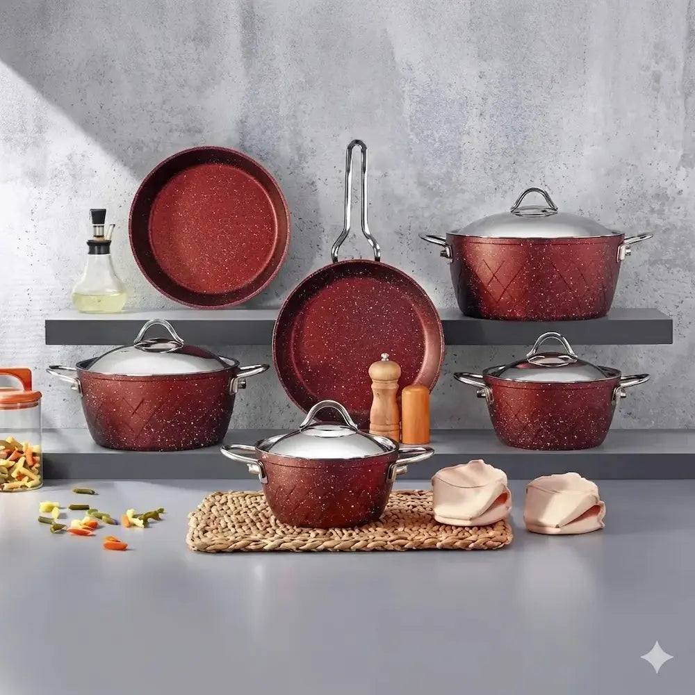 12-Piece Turkish Martife Granite Cookware Set - Red