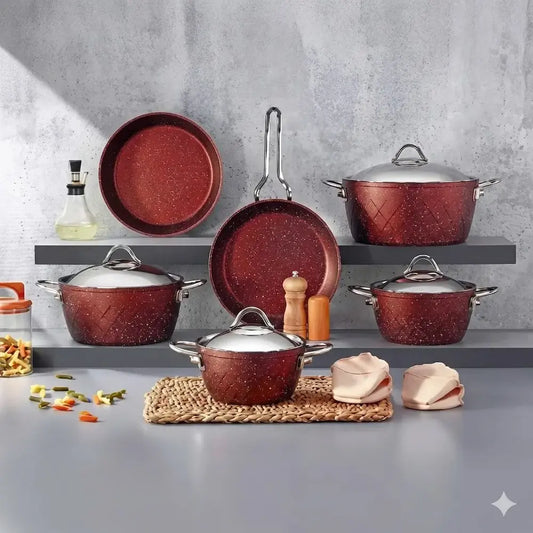 12-Piece Turkish Martife Granite Cookware Set - Red