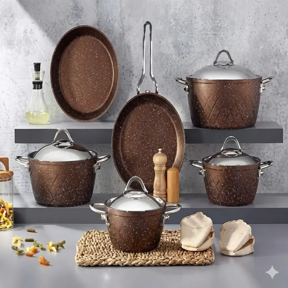 Martiv Turkish Granite Cookware Set, 12 Pieces, Brown