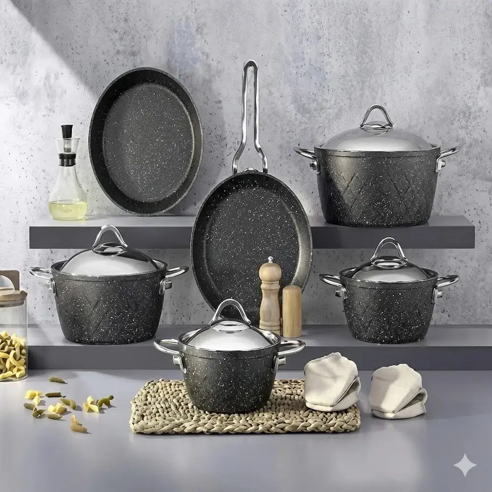 Turkish Martif Granite Cookware Set, 12 Pieces, Black