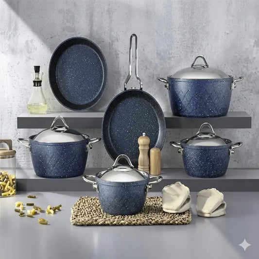 Turkish Martev Granite Cookware Set, 12 Pieces, Navy Blue
