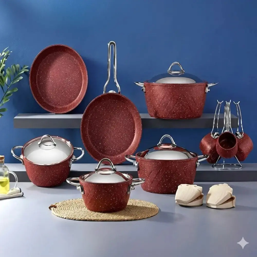 Turkish Martif Granite Cookware Set, 16 Pieces, Maroon