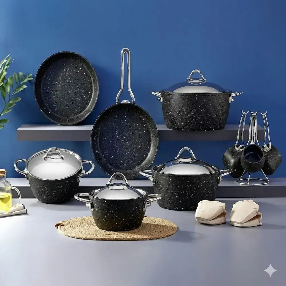Turkish Martif Granite Cookware Set, 16 Pieces, Black