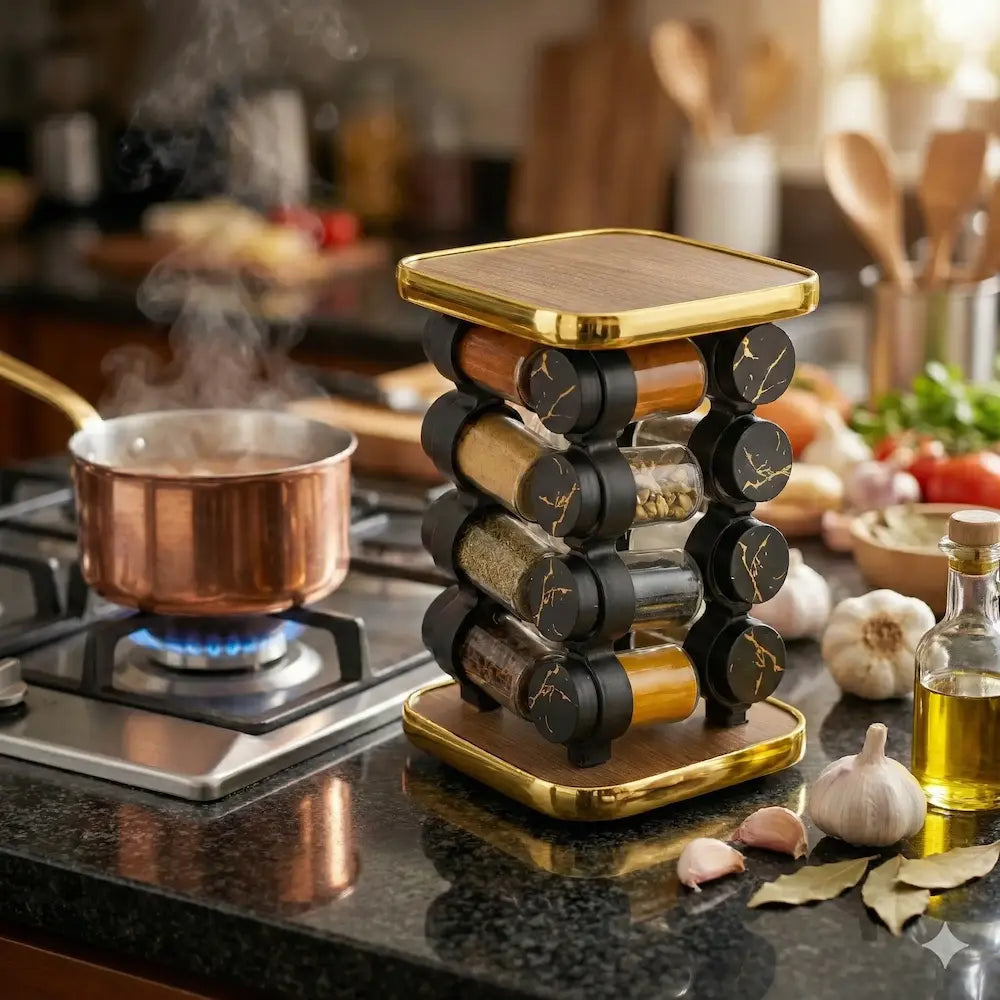 طقم توابل مربع دوار غطاء بلاستيك دهبي
